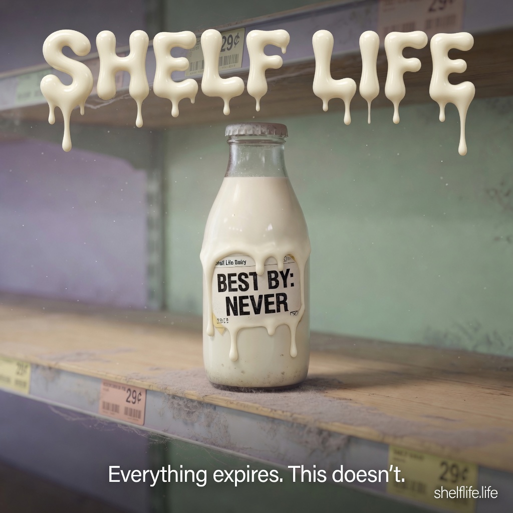 Shelf Life — gooey cream title on dusty grocery shelf